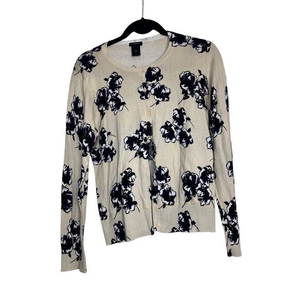 Ann Taylor Sweaters - Ann Taylor Sweater Womens Large Cream Black Floral Cardigan Knit Crew Neck‎